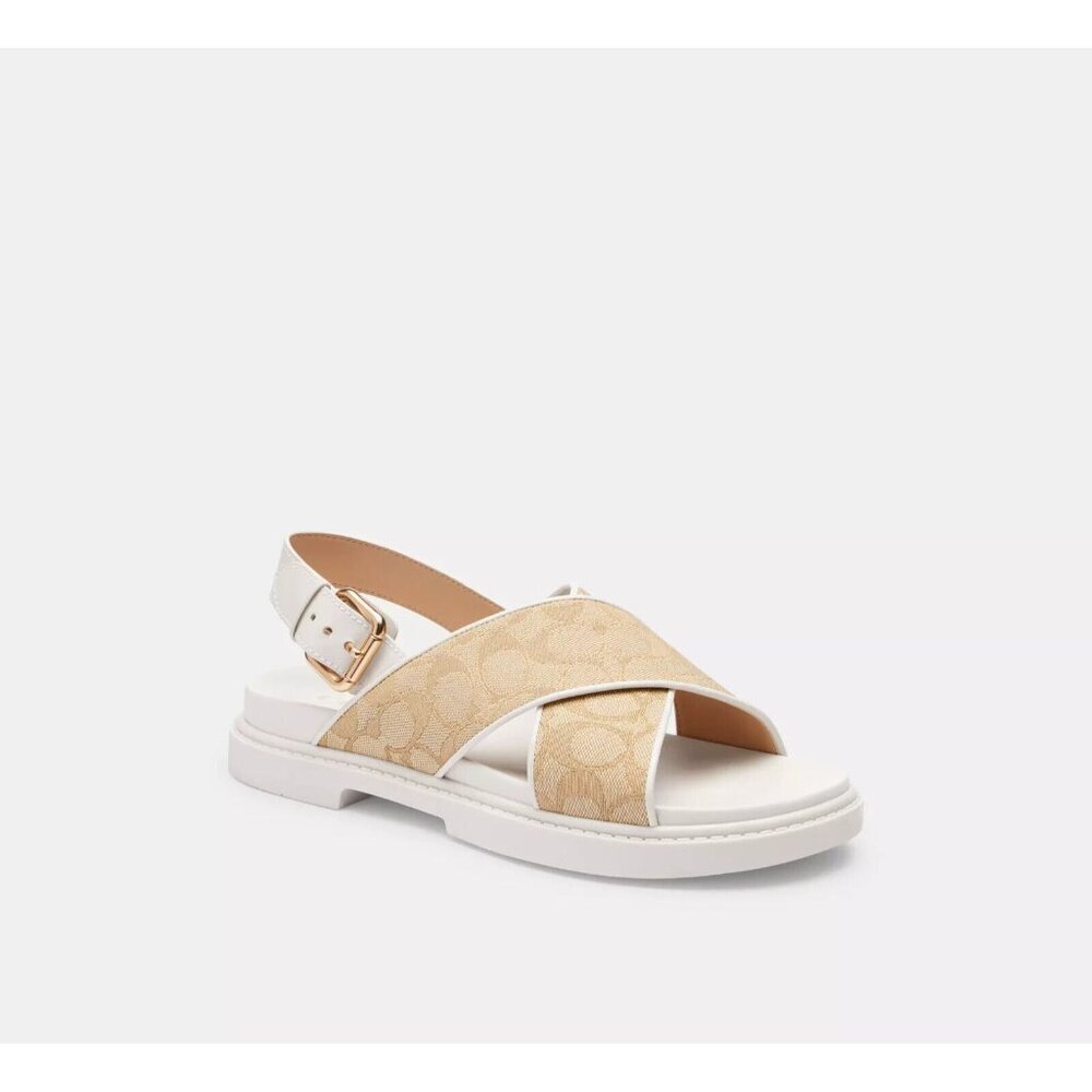 Coach Women's Fraser Jacquard Sandals Light Khaki Chalk White Strappy Size 10B